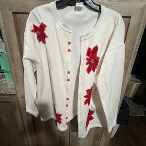 Vintage Poinsettia Cardigan Sweater Holiday Christmas Grandma‎ Core